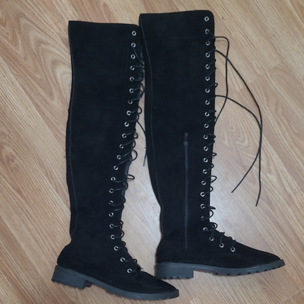 Black Lace-Up Over-the-Knee Boots